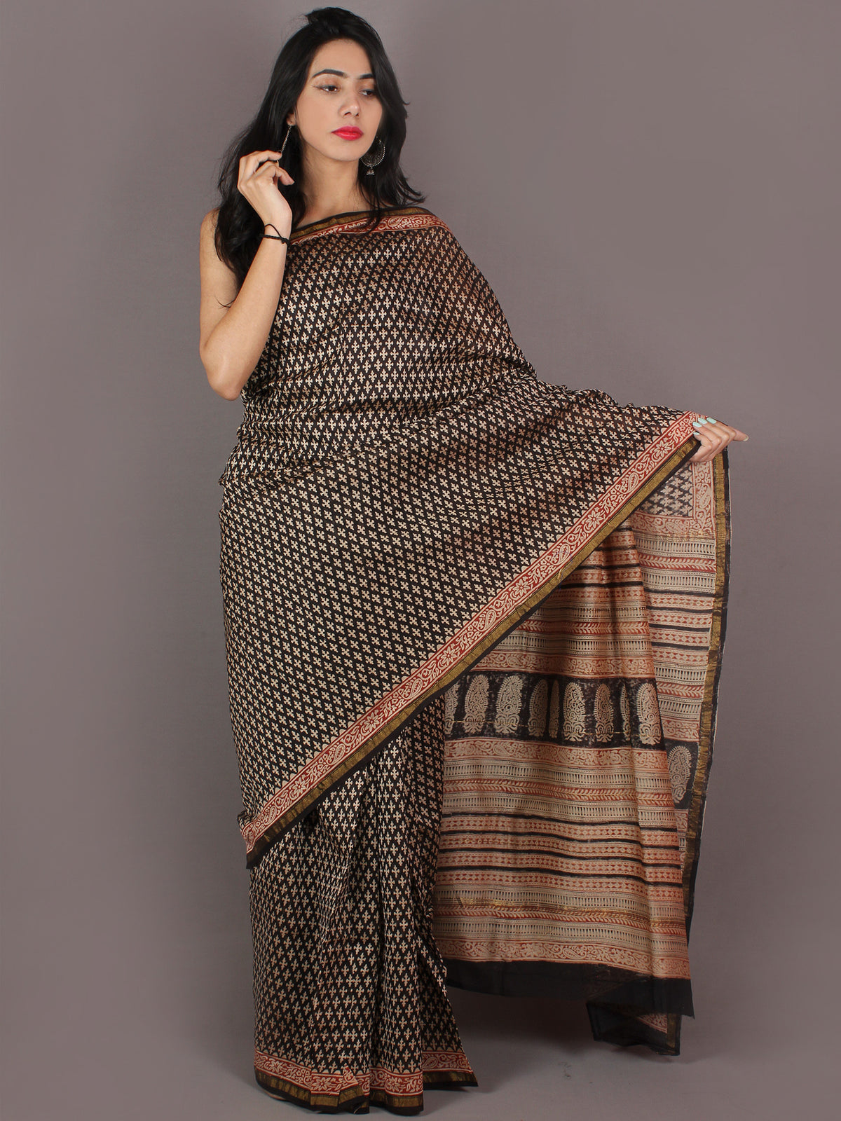 Beige Red Black Chanderi Bagru Hand Block Printed Saree - S03170282