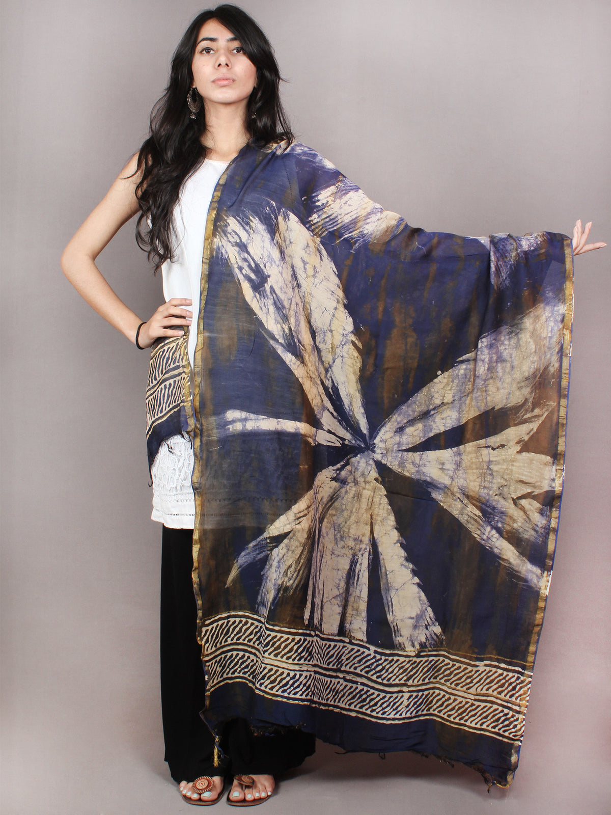 Indigo Beige Chanderi Hand Painted Dupatta With Brown Putai  - D0417097