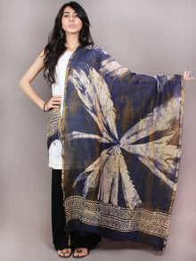 Indigo Beige Chanderi Hand Painted Dupatta With Brown Putai  - D0417097