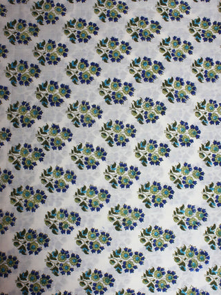 White Blue Green Hand Block Printed Cotton Cambric Fabric Per Meter - F0916408