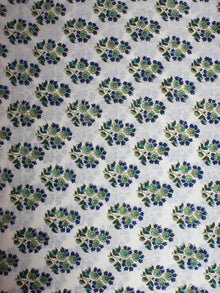 White Blue Green Hand Block Printed Cotton Cambric Fabric Per Meter - F0916408