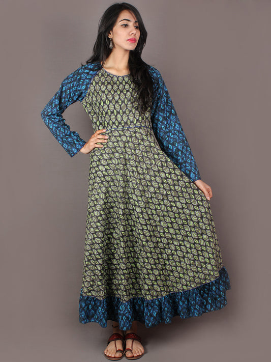 Mint Green Blue Grey Hand Block Printed Long Cotton Dress With Gather - D0641307