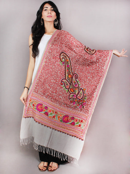 Grey Multi Color Aari Embroidery Pure Wool Stole from Kashmir - S6317075