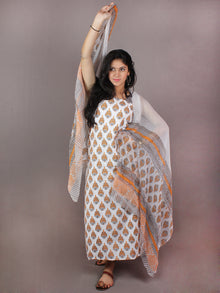 White Orange Grey Hand Block Printed Cotton Suit-Salwar Fabric With Chiffon Dupatta - S1628096