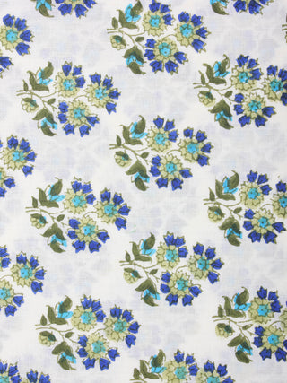 White Blue Green Hand Block Printed Cotton Cambric Fabric Per Meter - F0916408