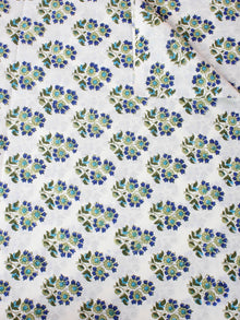 White Blue Green Hand Block Printed Cotton Cambric Fabric Per Meter - F0916408