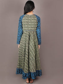 Mint Green Blue Grey Hand Block Printed Long Cotton Dress With Gather - D0641307