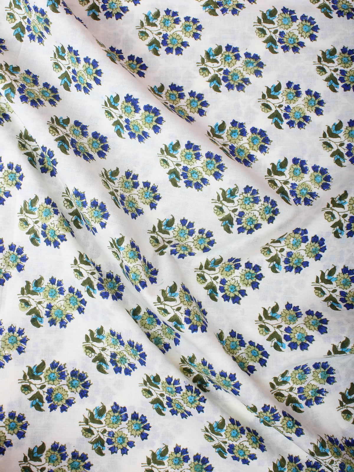 White Blue Green Hand Block Printed Cotton Cambric Fabric Per Meter - F0916408