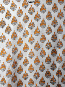 White Orange Grey Hand Block Printed Cotton Suit-Salwar Fabric With Chiffon Dupatta - S1628096