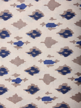 Beige Brown Indigo Hand Block Printed Cotton Cambric Fabric Per Meter - F0916392