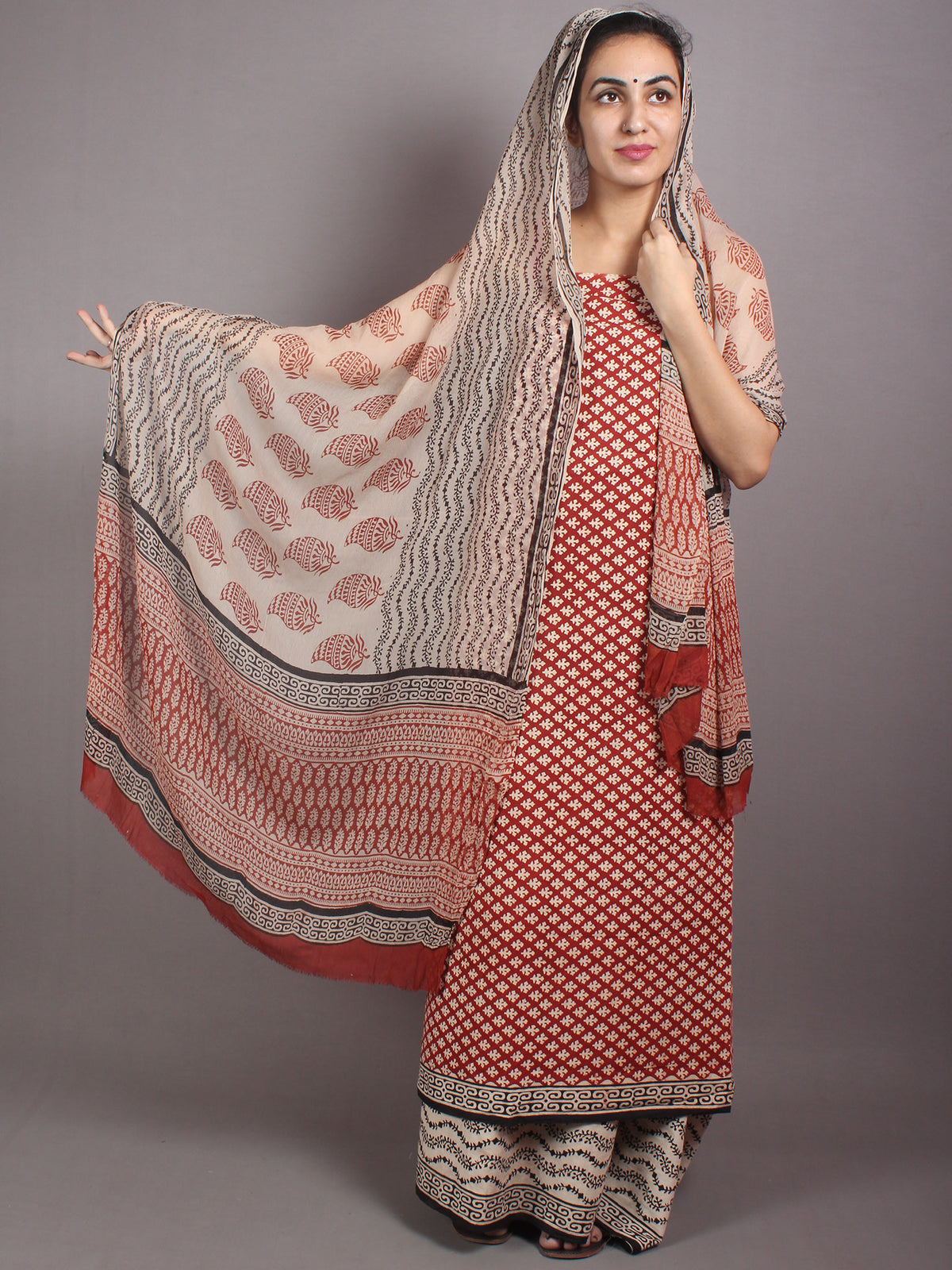 Red Beige Black Hand Block Printed Cotton Suit-Salwar Fabric With Chiffon Dupatta - S1628037