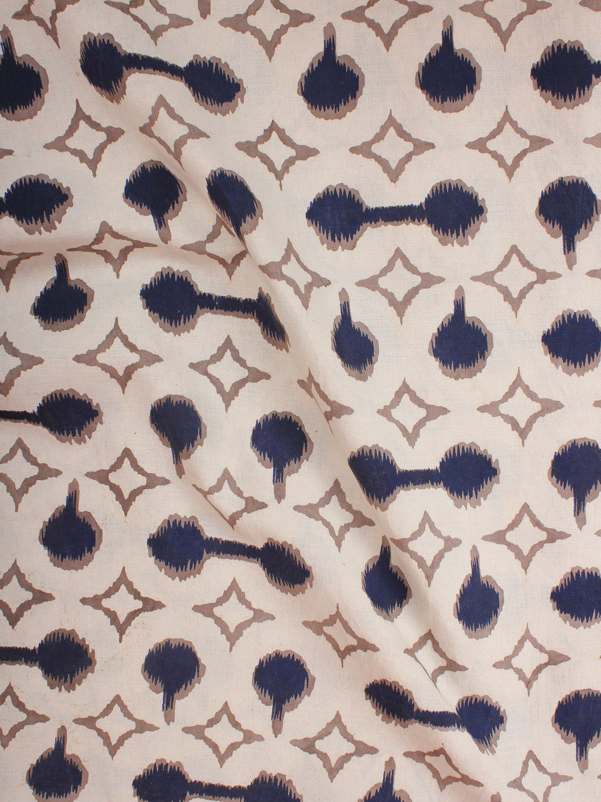 Ivory Indigo Brown Hand Block Printed Cotton Cambric Fabric Per Meter - F0916391
