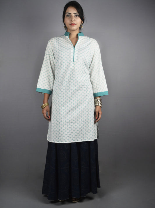 White Green Hand Block Printed Kurti- K0517032