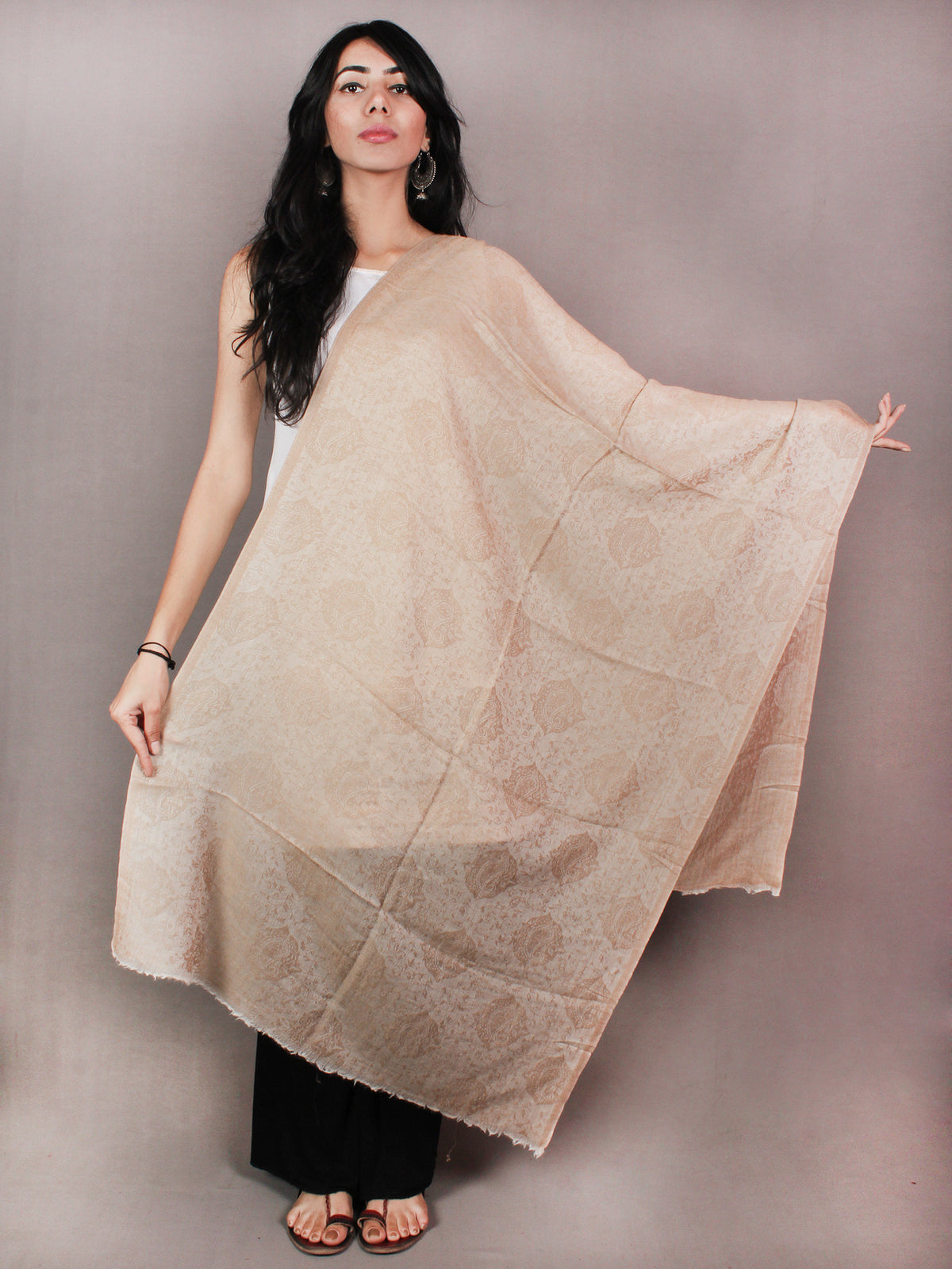 Sandy Brown Pure Wool Self Design Cashmere Stole from Kashmir - S6317105