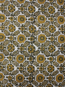 White Olive Green Hand Block Printed Cotton Cambric Fabric Per Meter - F0916426