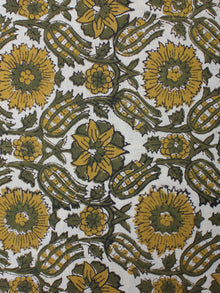 White Olive Green Hand Block Printed Cotton Cambric Fabric Per Meter - F0916426