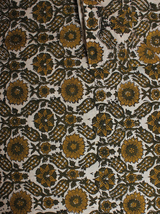 White Olive Green Hand Block Printed Cotton Cambric Fabric Per Meter - F0916426