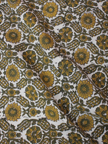 White Olive Green Hand Block Printed Cotton Cambric Fabric Per Meter - F0916426