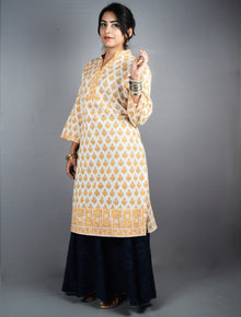 White Orange Hand Block Printed Kurti- K0517033