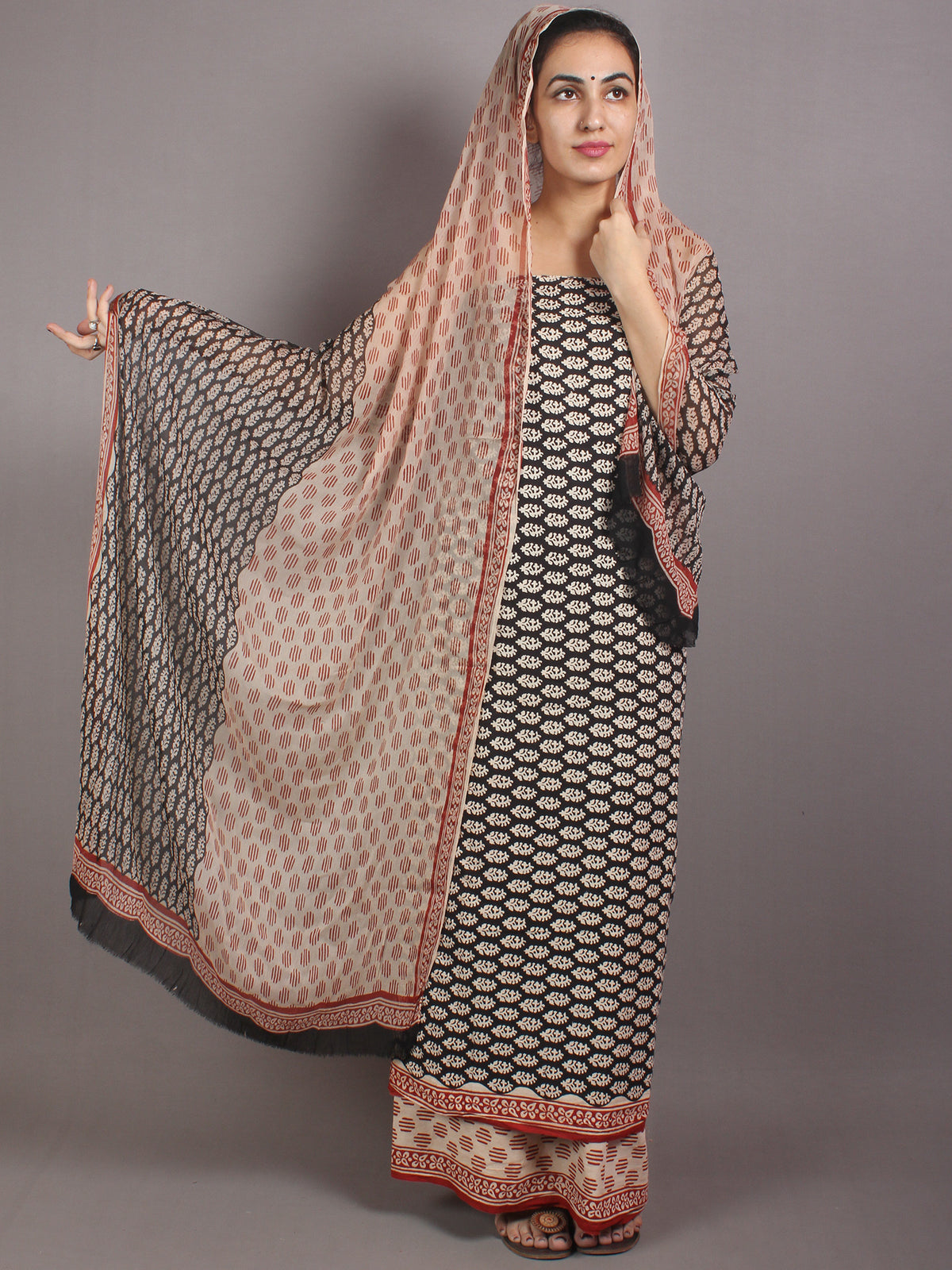 Red Beige Black Hand Block Printed Cotton Suit-Salwar Fabric With Chiffon Dupatta - S1628040