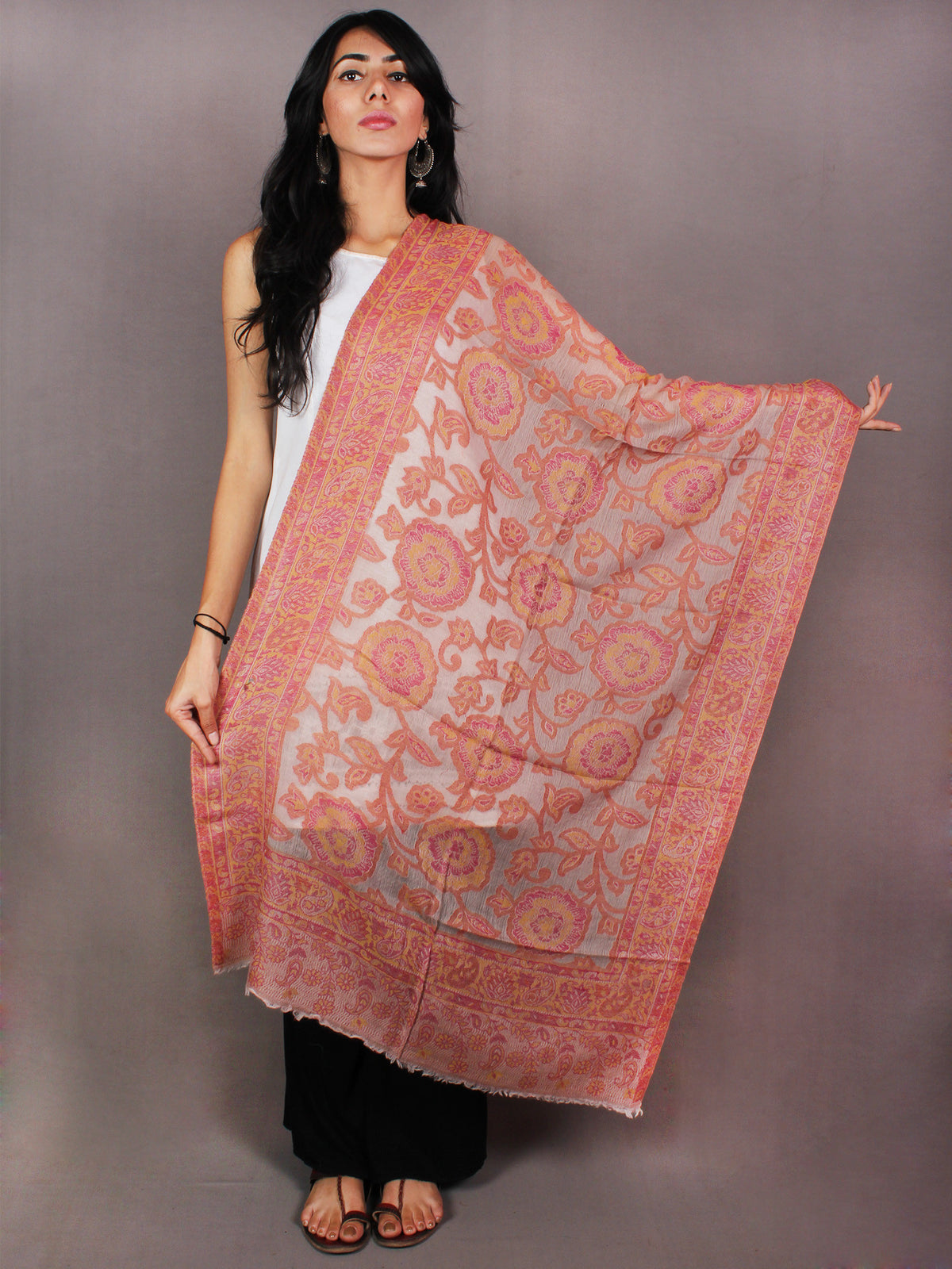 Pink Yellow Ivory Jamawar Pure Wool Cashmere Stole from Kashmir - S6317109