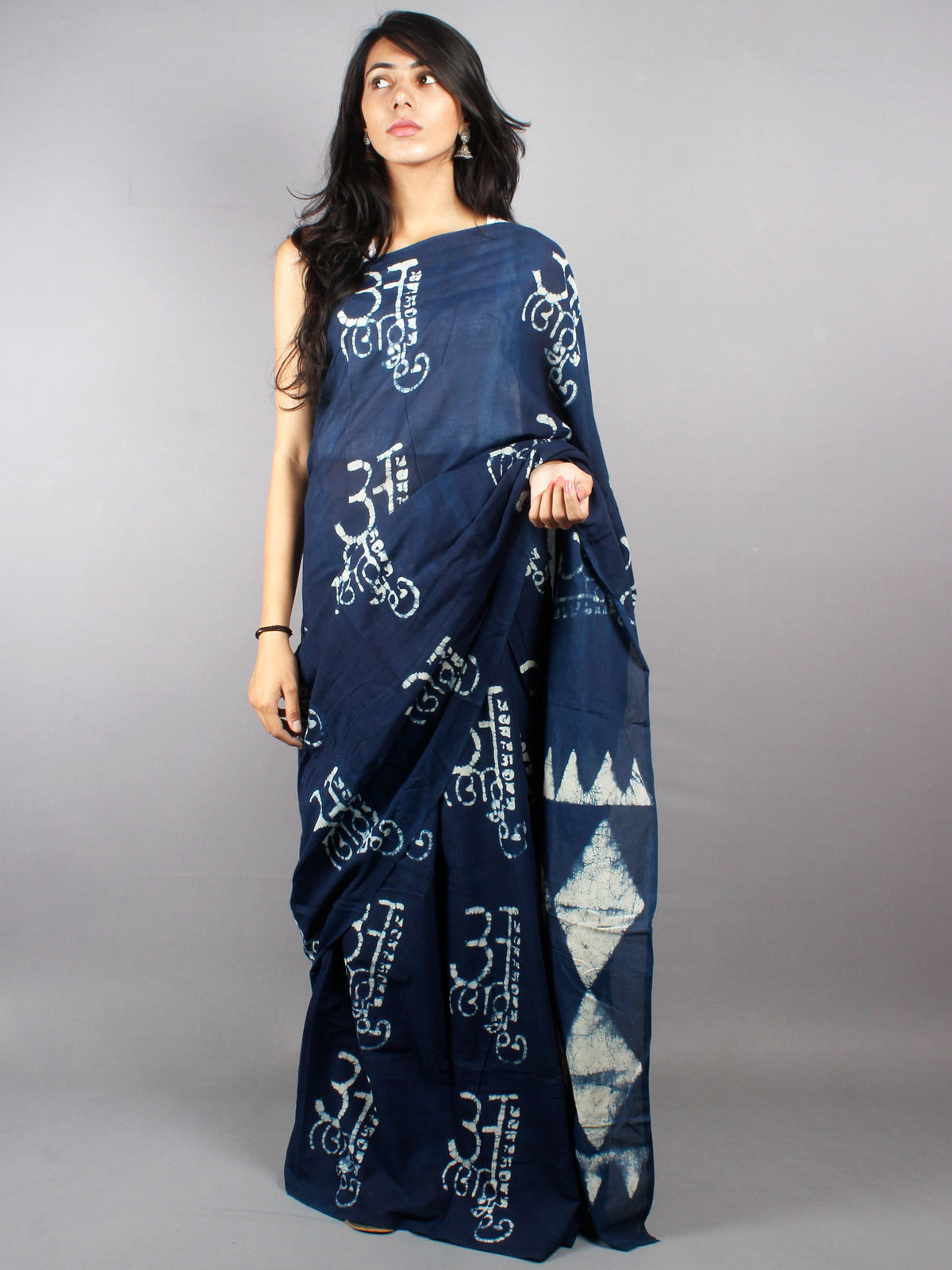 Indigo Cotton Hand Block Printed Saree - S0317038