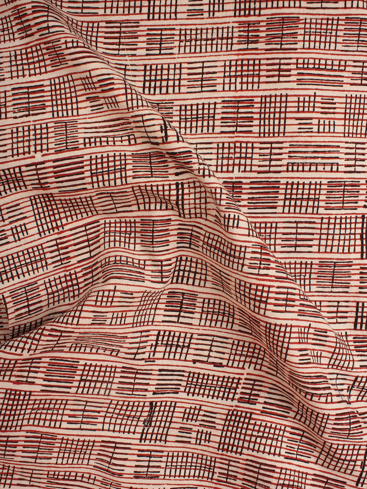 Beige Black Red Hand Block Printed Cotton Cambric Fabric Per Meter - F0916423