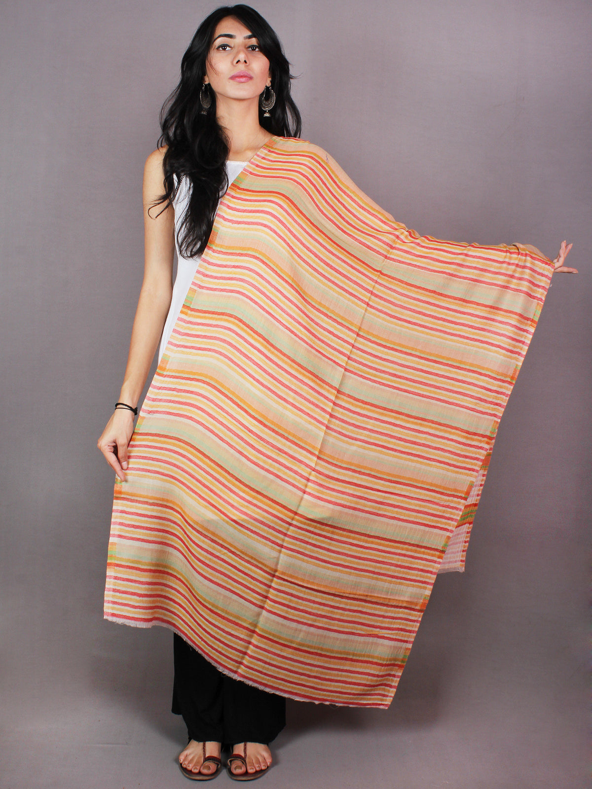 Yellow White Red Pure Wool Reversible Lining Weaved Cashmere Stole from Kashmir - S6317111