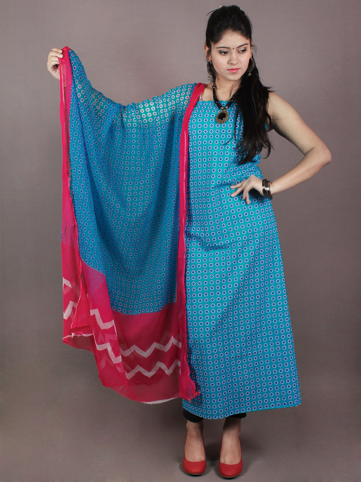 Persian Blue Hand Block Printed Cotton Suit-Salwar Fabric With Chiffon Dupatta - S1628097