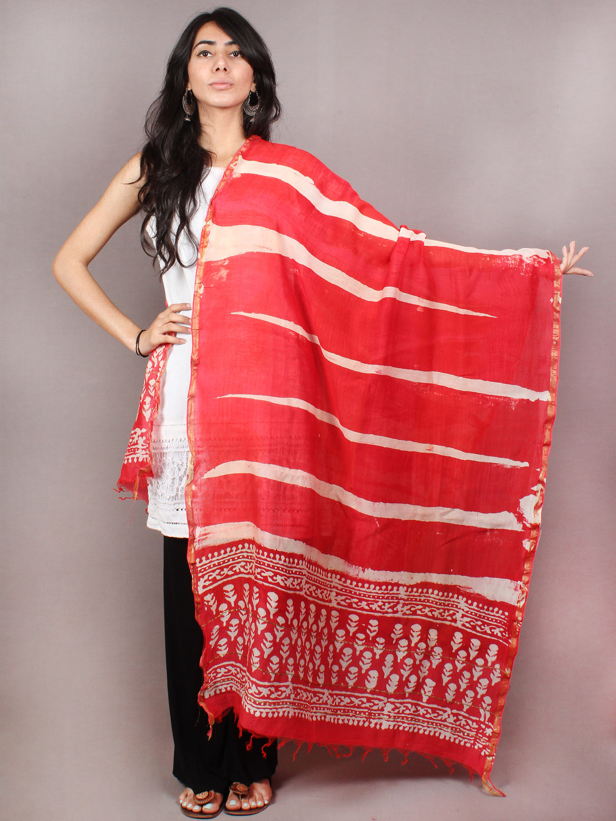 Red Beige Chanderi Hand Painted Dupatta - D0417098