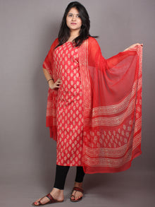 Red White Hand Block Printed Cotton Suit-Salwar Fabric With Chiffon Dupatta - S1628044