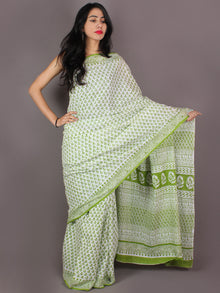White Mint Green Cotton Hand Block Bagru Printed Saree - S03170337
