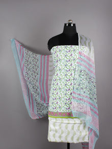 Ivory Green Pink Purple Hand Block Printed Cotton Suit-Salwar Fabric With Chiffon Dupatta - S16281233