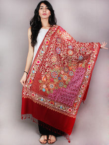Maroon Multi Color Aari Embroidery Pure Wool Cashmere Stole from Kashmir - S6317076
