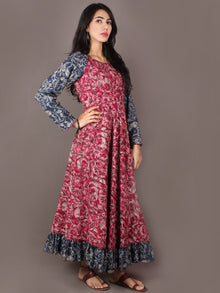 Pink Indigo Beige Ivory Hand Block Printed Long Cotton Dress With Gather - D0641308