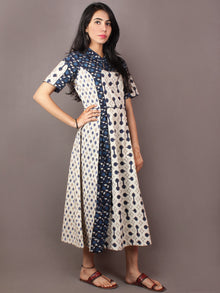 Beige Indigo Ivory Hand Block Printed Cotton Long Multi Panel Dress With Mandarin Collar & Piping All Over - D1539101