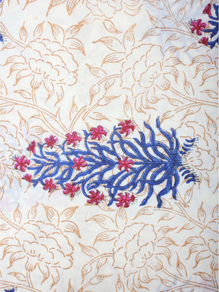 Ivory Brow Blue Red Hand Block Printed Cotton Cambric Fabric Per Meter - F0916407