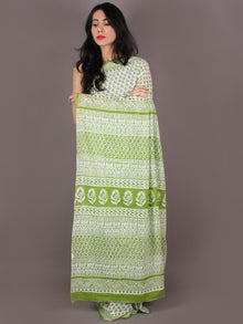 White Mint Green Cotton Hand Block Bagru Printed Saree - S03170337
