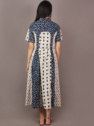 Beige Indigo Ivory Hand Block Printed Cotton Long Multi Panel Dress With Mandarin Collar & Piping All Over - D1539101