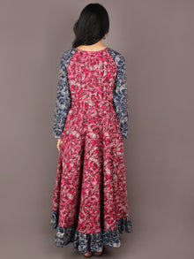 Pink Indigo Beige Ivory Hand Block Printed Long Cotton Dress With Gather - D0641308