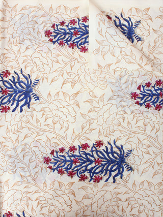 Ivory Brow Blue Red Hand Block Printed Cotton Cambric Fabric Per Meter - F0916407
