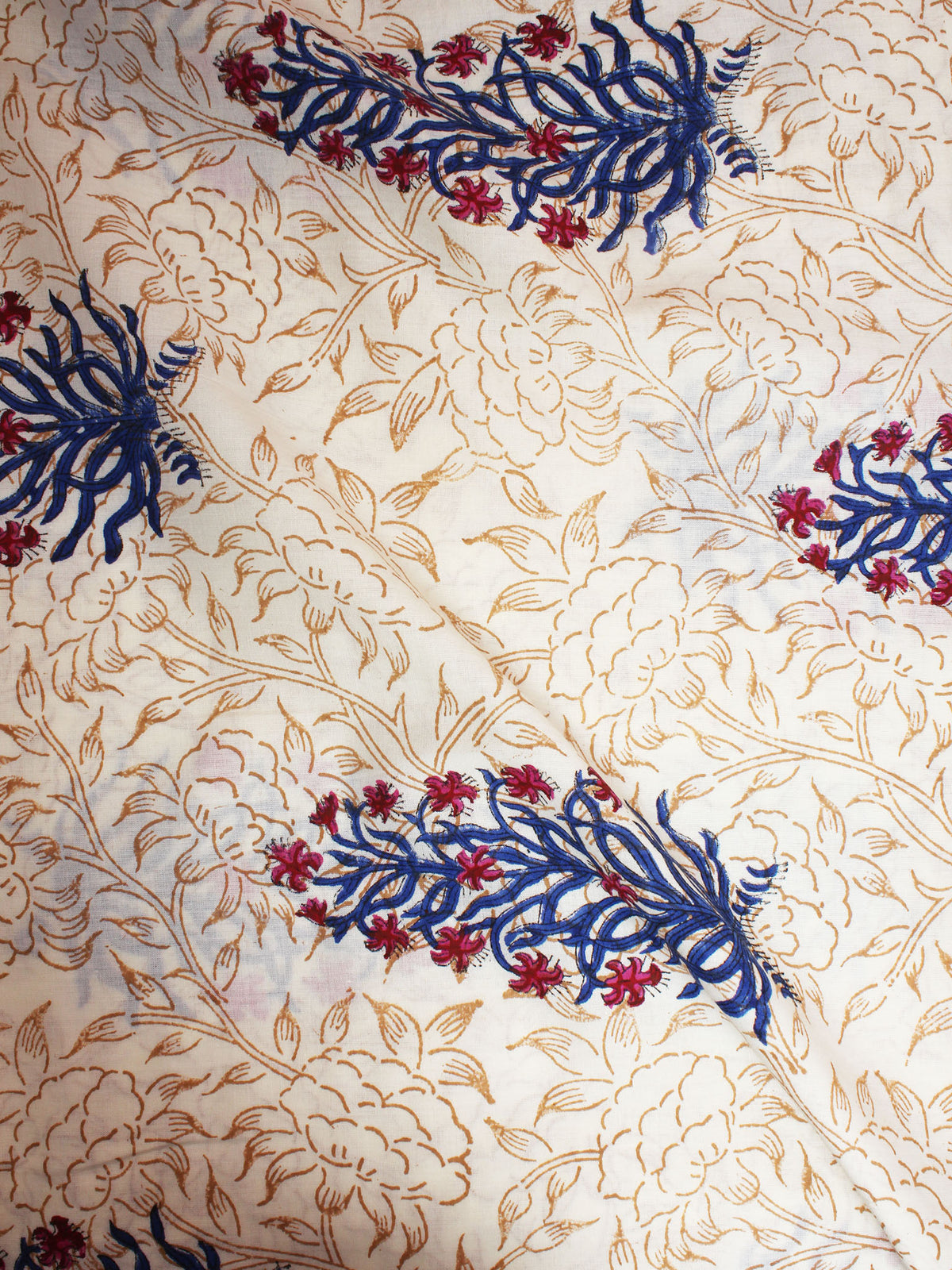 Ivory Brow Blue Red Hand Block Printed Cotton Cambric Fabric Per Meter - F0916407