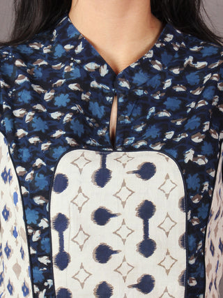 Beige Indigo Ivory Hand Block Printed Cotton Long Multi Panel Dress With Mandarin Collar & Piping All Over - D1539101