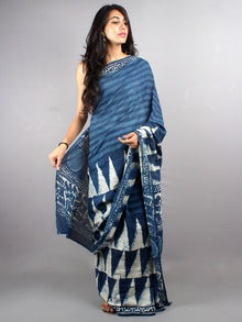 Indigo White Cotton Hand Block Printed Saree - S0317040