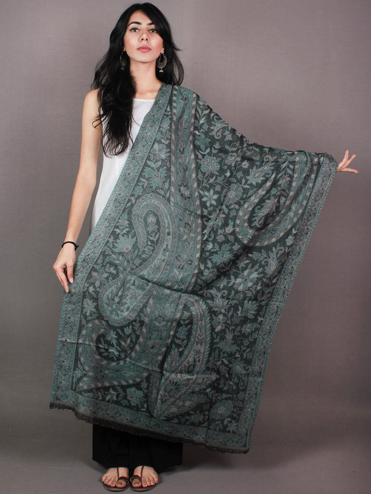 Black Grey Green Pure Wool Jamawar Cashmere Stole from Kashmir - S6317112