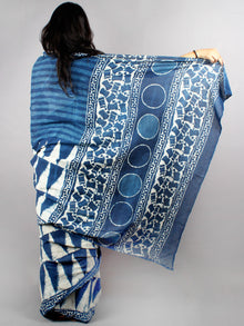 Indigo White Cotton Hand Block Printed Saree - S0317040