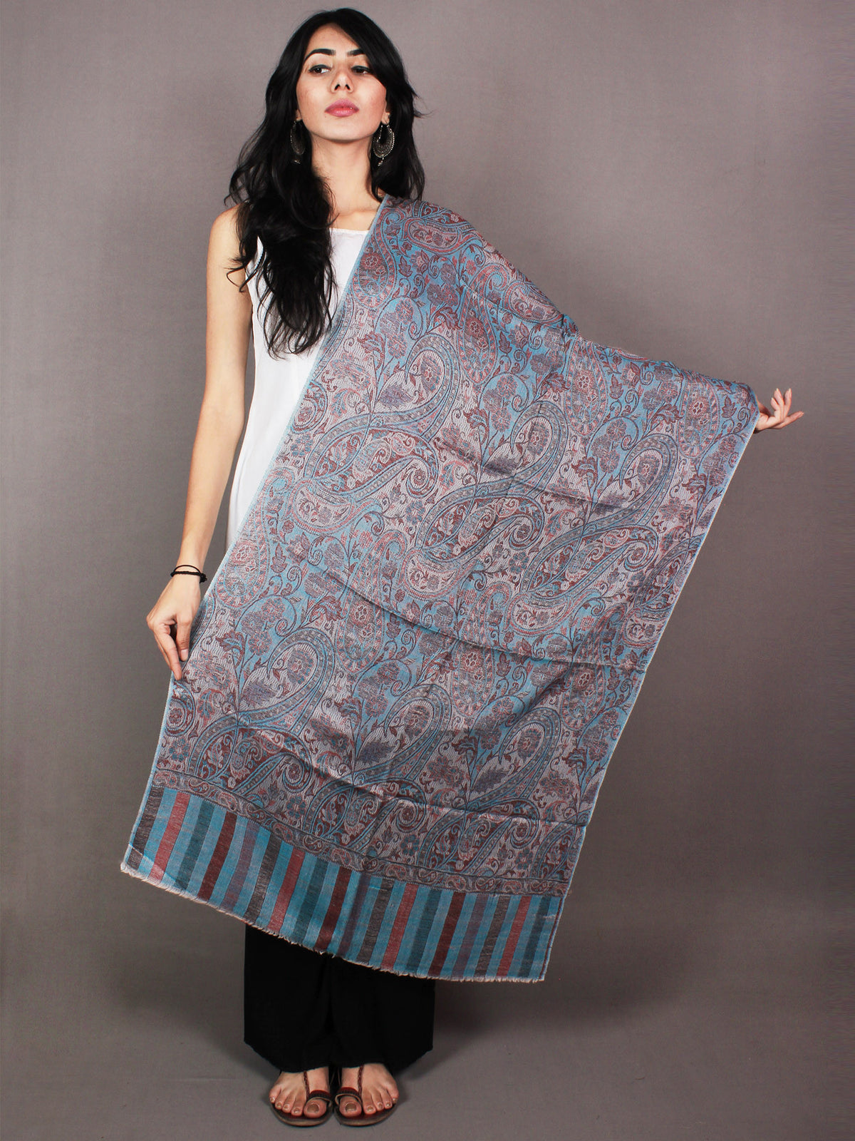 Ivory Sky Blue Maroon Pure Wool Jamawar Cashmere Stole from Kashmir - S6317114