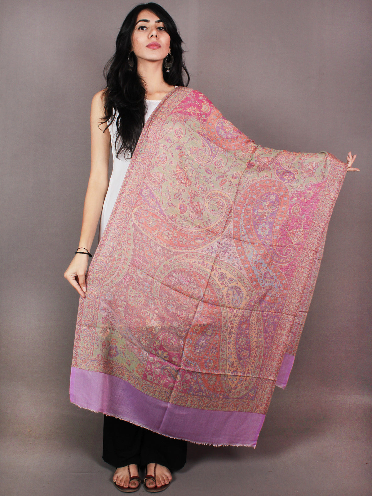 Rose Pink Multi Colour Pure Wool Jamawar Cashmere Stole from Kashmir - S6317115