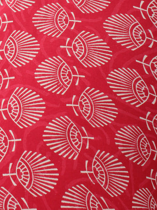 Red Persian Green Hand Block Printed Cotton Cambric Fabric Per Meter - F0916471