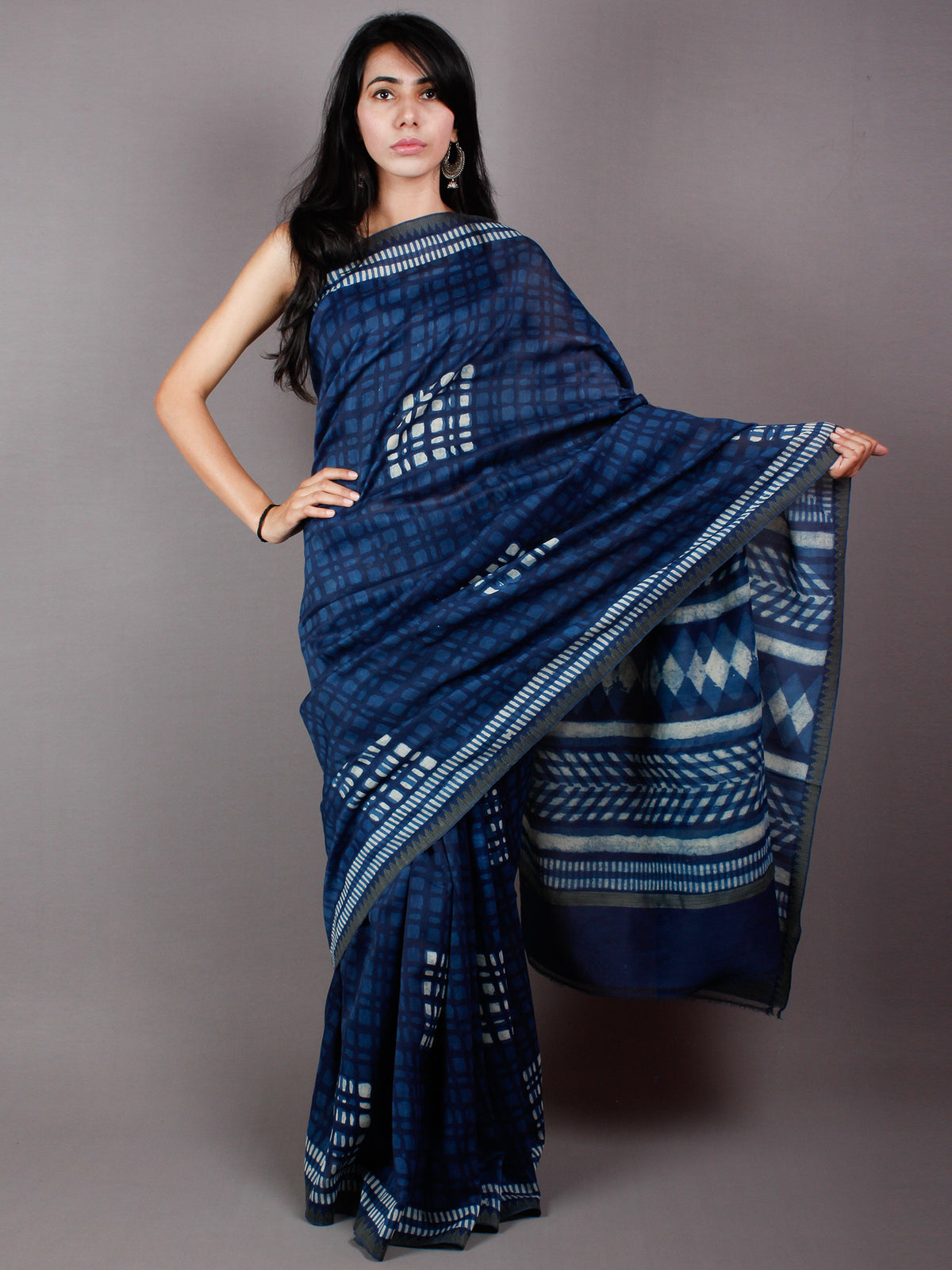 Indigo White Hand Block Printed in Natural Vegetable Colors Chanderi Saree With Geecha Border - S03170476